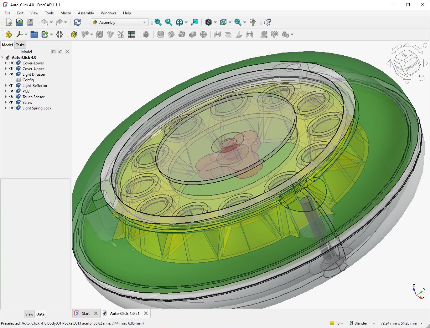 Auto-Click 4.0 enclosure assembly modelled in FreeCAD