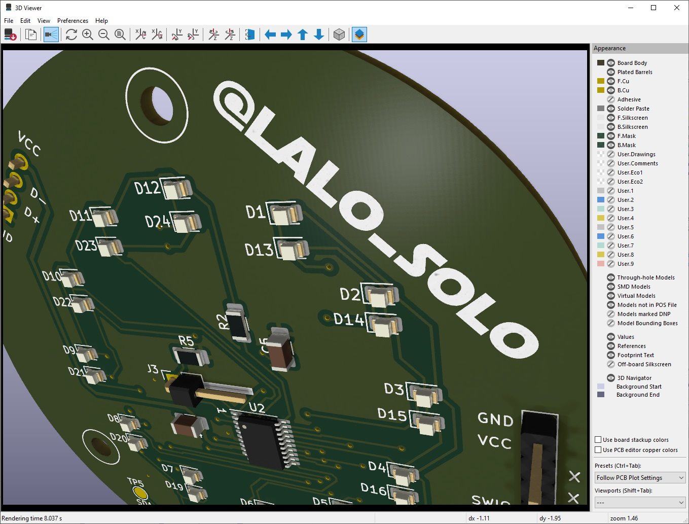 The round Auto-Click PCB rendered in KiCad's 3D viewer