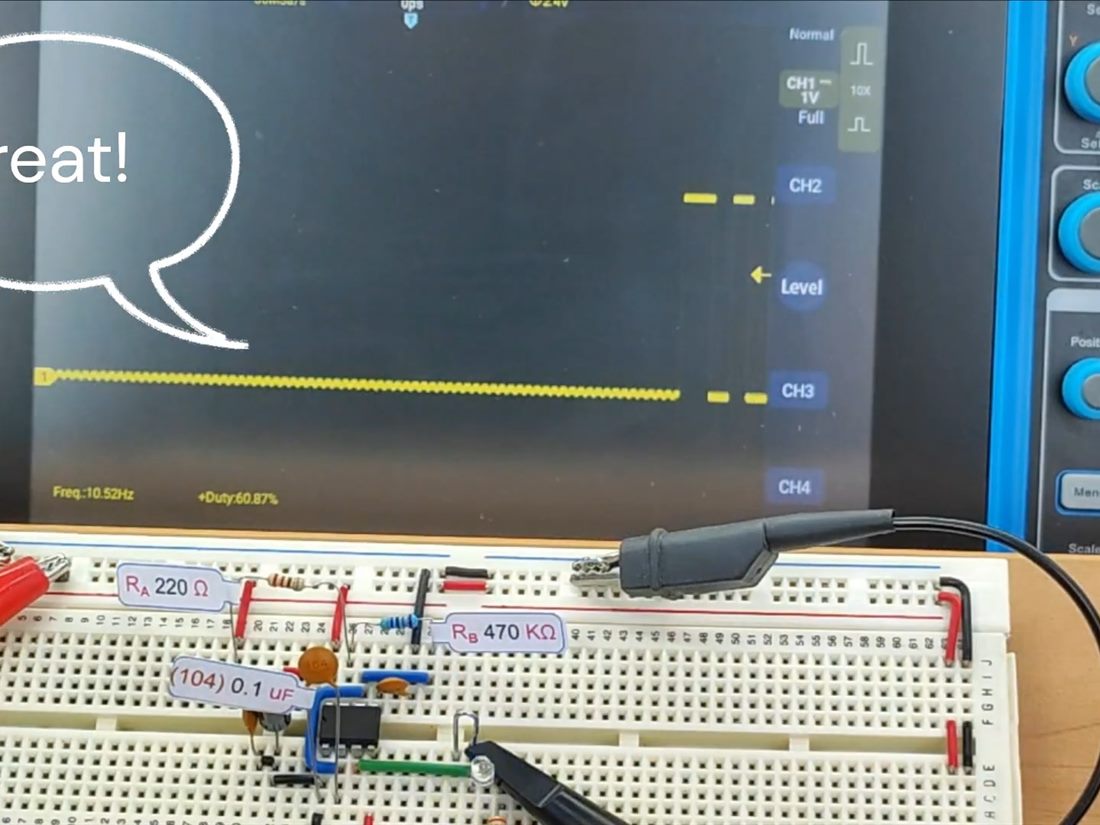 Electronics workbench with oscilloscope and bench supply