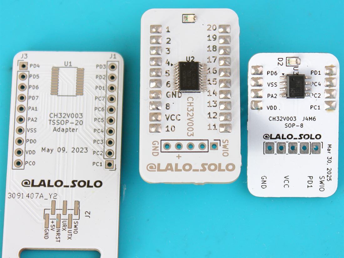 Custom CH32V003 microcontroller breakout PCBs designed by Lalo Solo